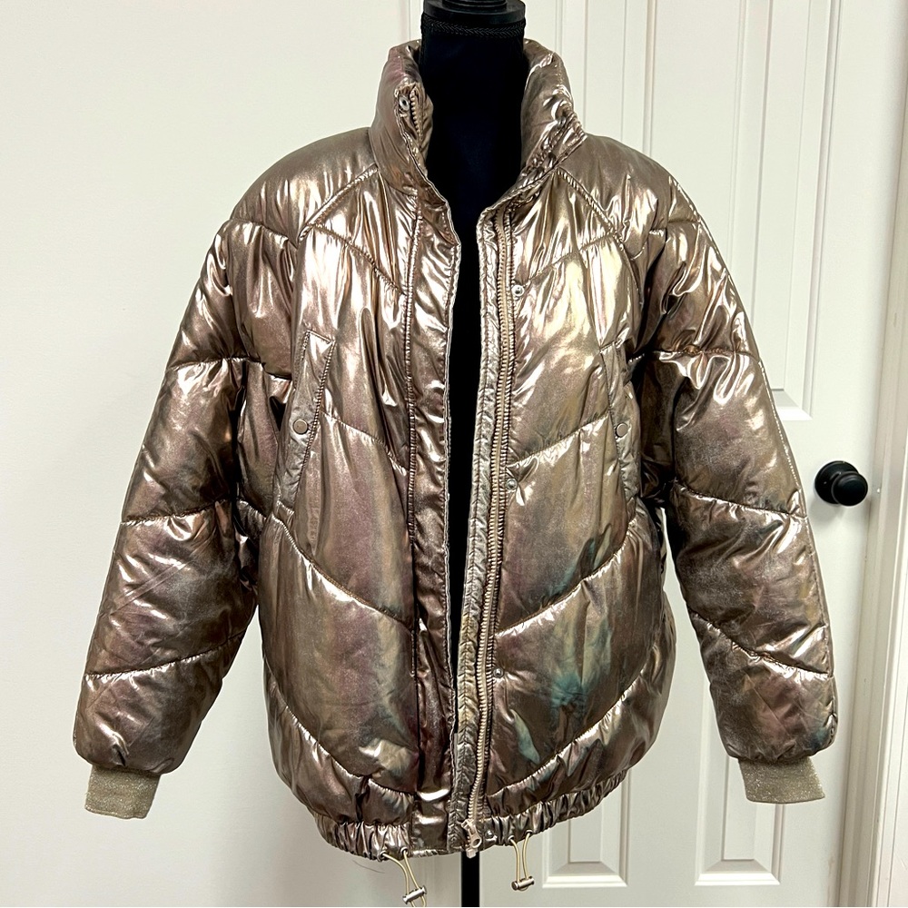 H&M Coat, waterproof jacket, women’s size 12, metallic gold rain Christmas gift
